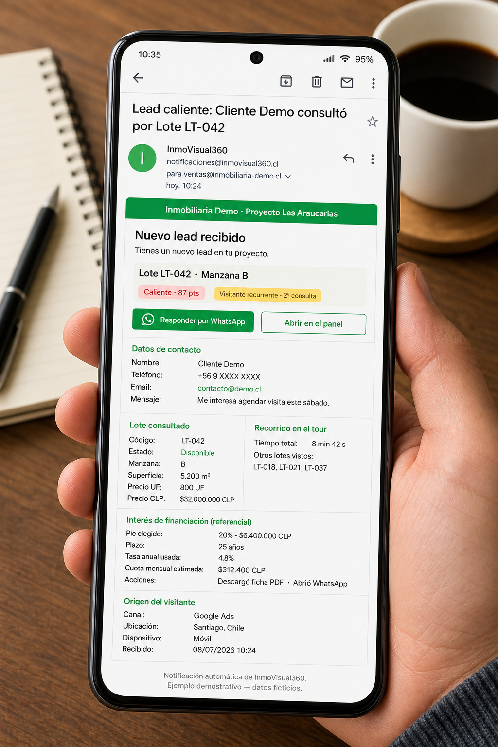 Ejemplo real de lead recibido con conversación del asistente IA